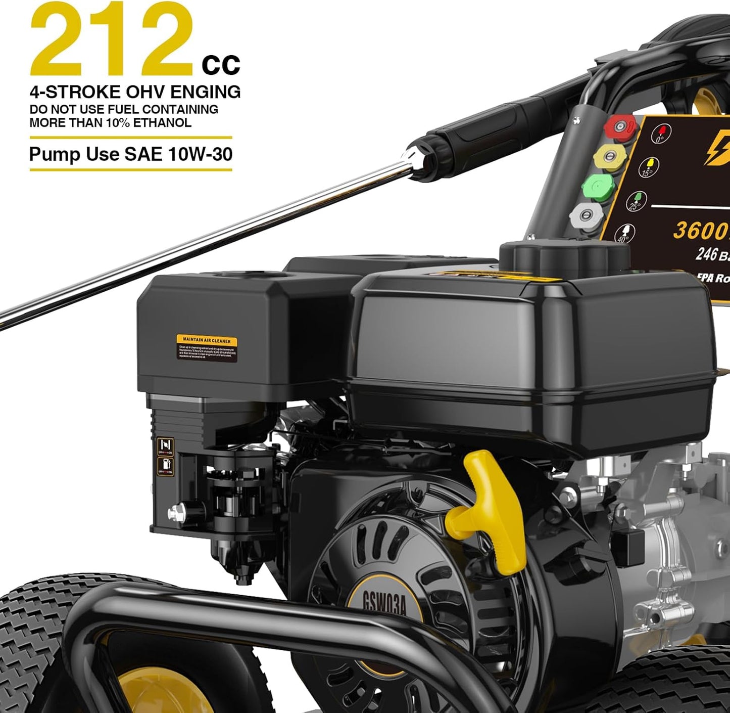 BLUBERY 3600 PSI Gas Pressure Washer, 2.7 GPM Heavy Duty High Power Washer, 30Ft Pressure Hose&Soap Tank,5 Pressure Nozzles,Black