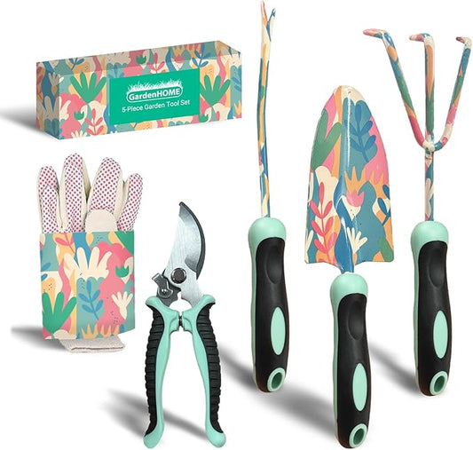 GardenHOME Garden Tool Set – Durable Stainless Steel Gardening Kits with Tote Bags, Stools, and Accessories, Perfect for Gardeners, Women, and Men (5 Piece Floral)