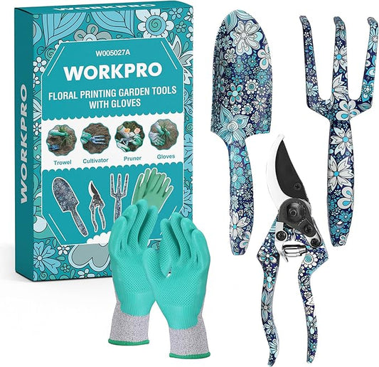 WORKPRO Aluminum Garden Tool Set, 4PCS Heavy Duty Hand Garden Tools with Box Include Trowel, Rake, Pruner, Garden Gloves, Blue Floral, Garden Gifts