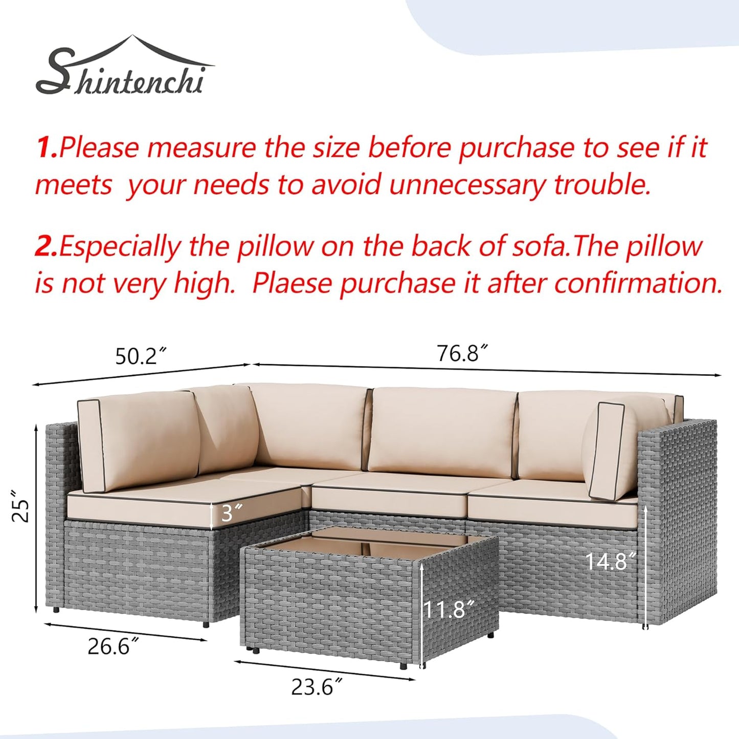 Shintenchi 5 Pieces Outdoor Patio Furniture Sets, Patio Sectional Sofa Couch, Gray PE Wicker Furniture Modular Patio Conversation Sets Patio Sofa with Washable Cushions & Table（Khaki）